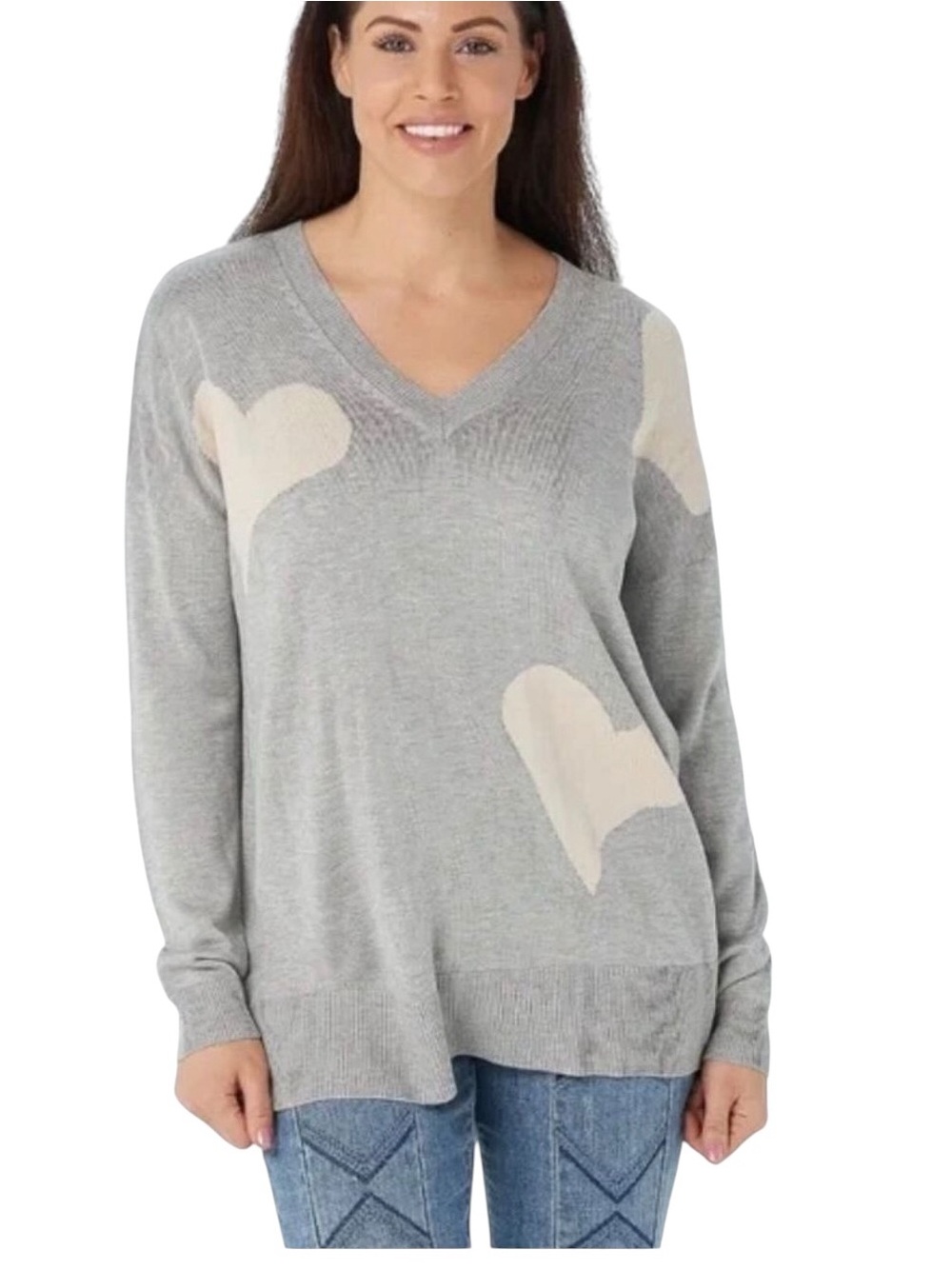 Laurie Felt Cashmere Blend Oversized V-Neck Sweater Cream Heart Motif Size L